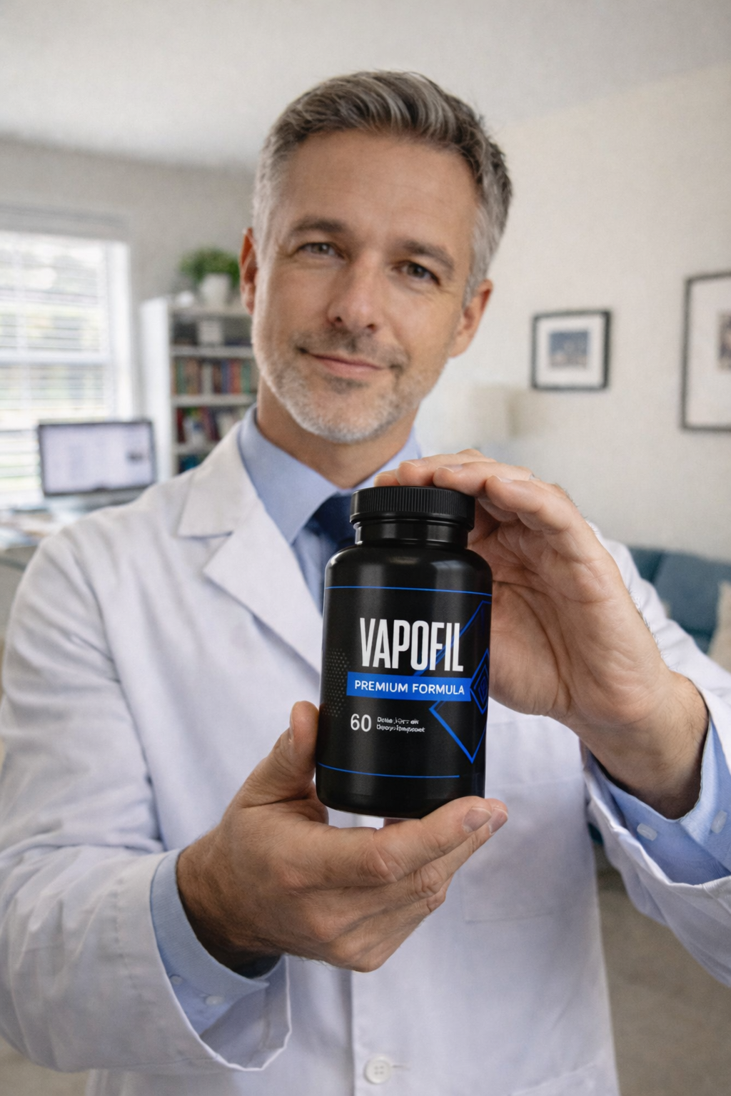 Doctor holding VapoFil supplement bottle